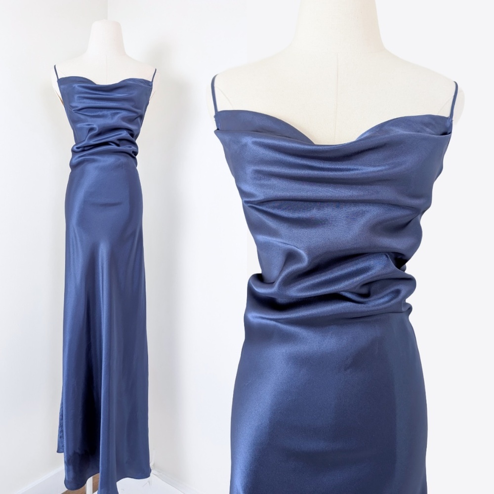 90s Navy Maxi Satin Slip Cowl Neckline Spaghetti Straps Floor Length Open Back - Picture 1 of 14
